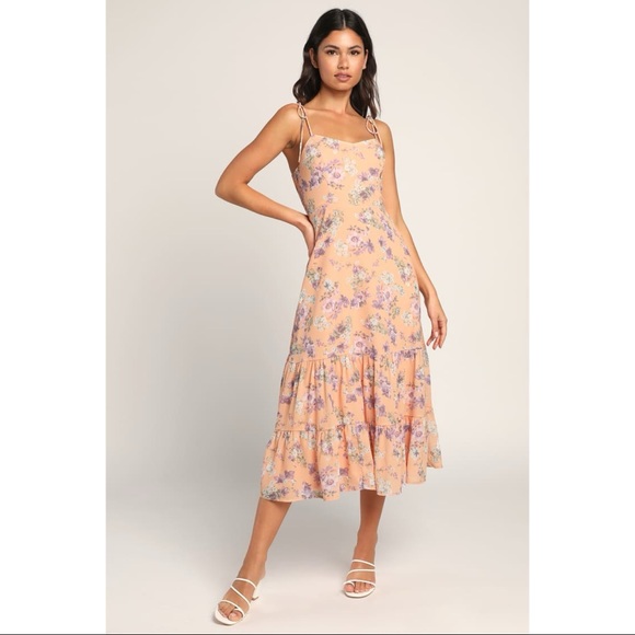 NWOT Lulu’s Started With a Kiss Orange Floral Print Tie-Strap Tiered Dress Large - Picture 7 of 7